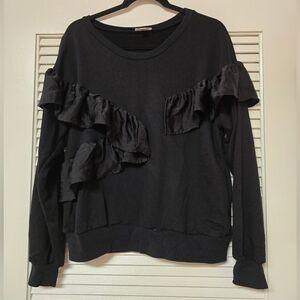 Black Ruffle Detail Pullover Long-Sleeve  Top